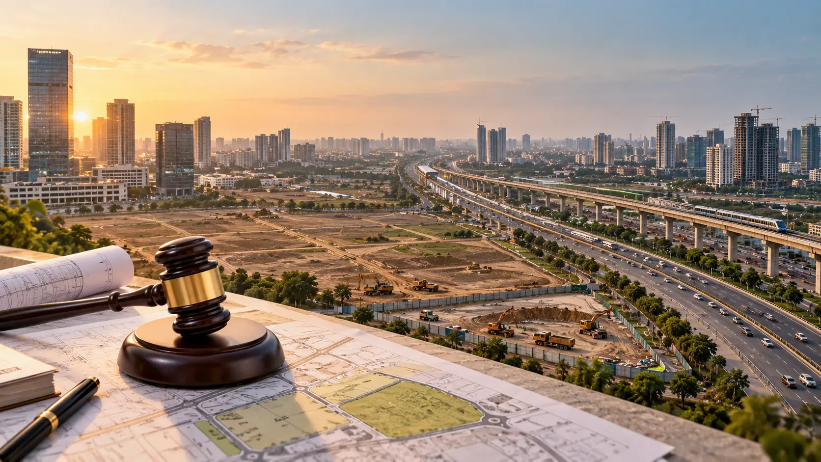 Noida land auction at golden hour: gavel on site plans overlooking Expressway, metro, and rising towers