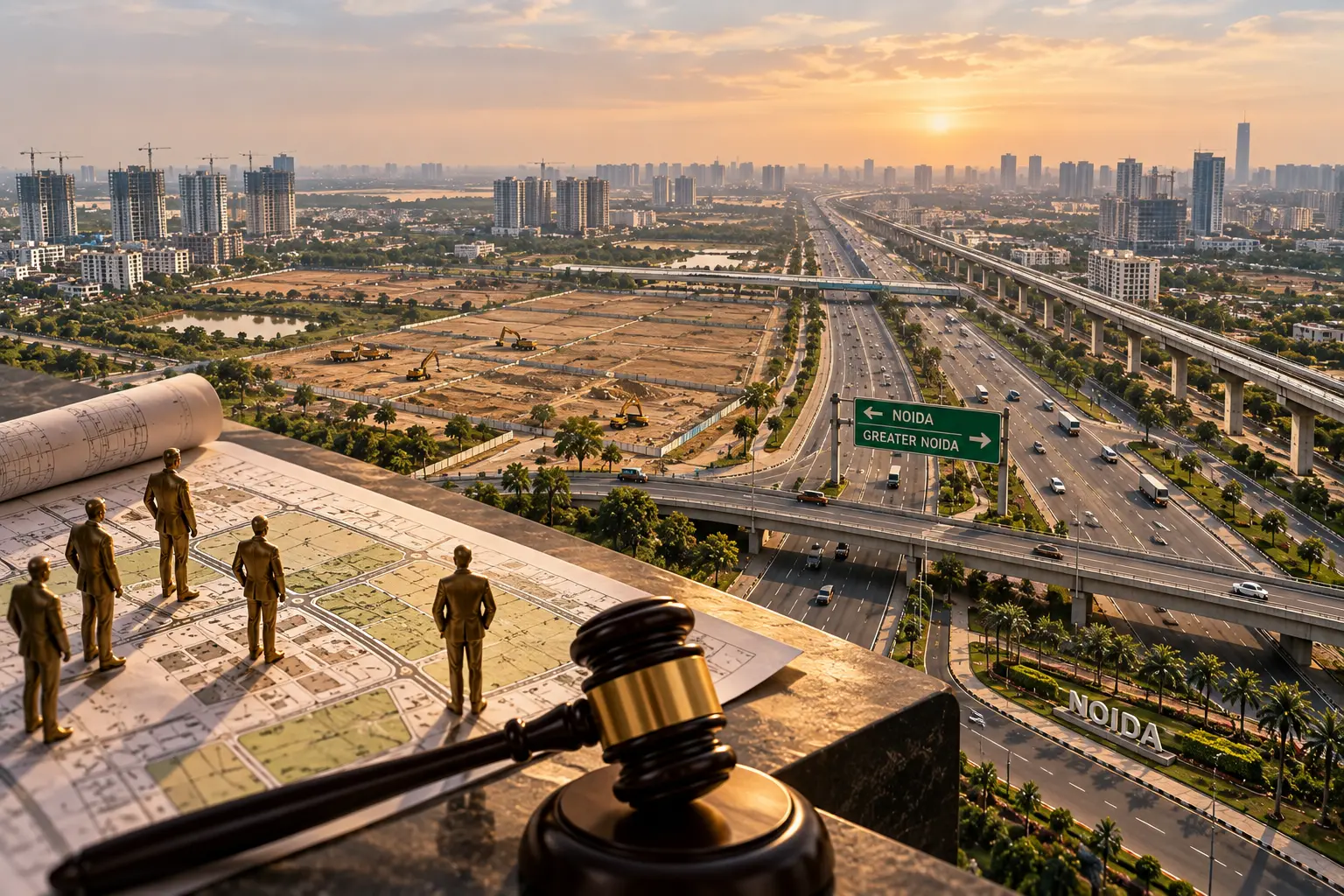 Gavel and investors on a Noida site plan overlooking Expressway signs for Noida and Greater Noida