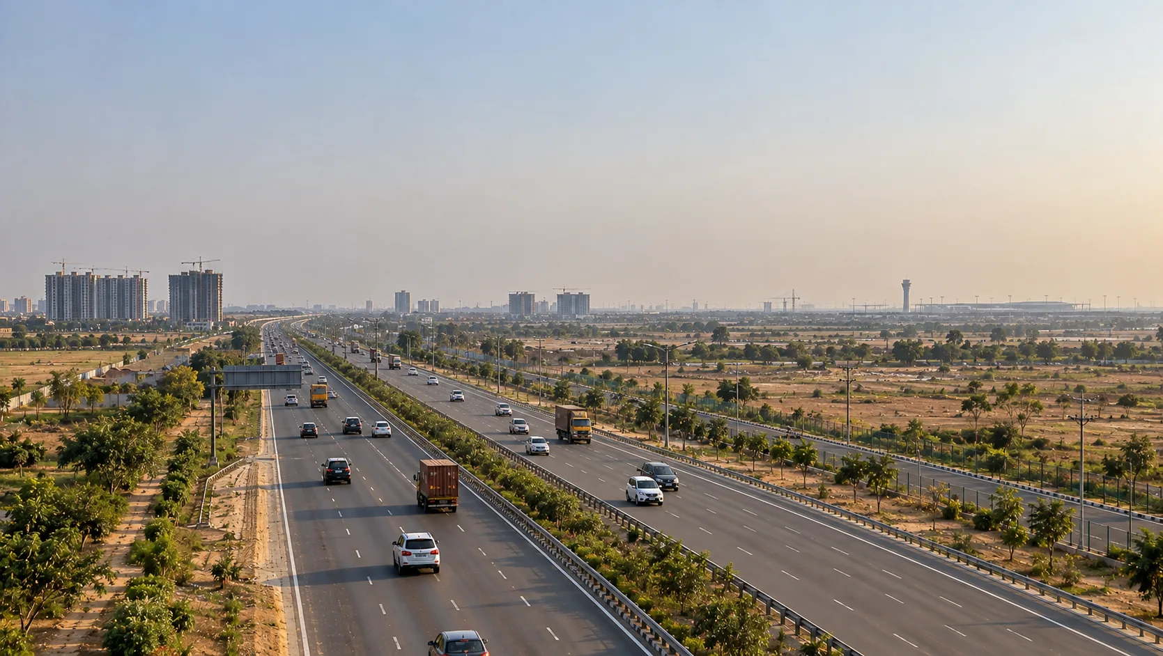 Property near Jewar Airport on Yamuna Expressway: highway, metro, and new towers