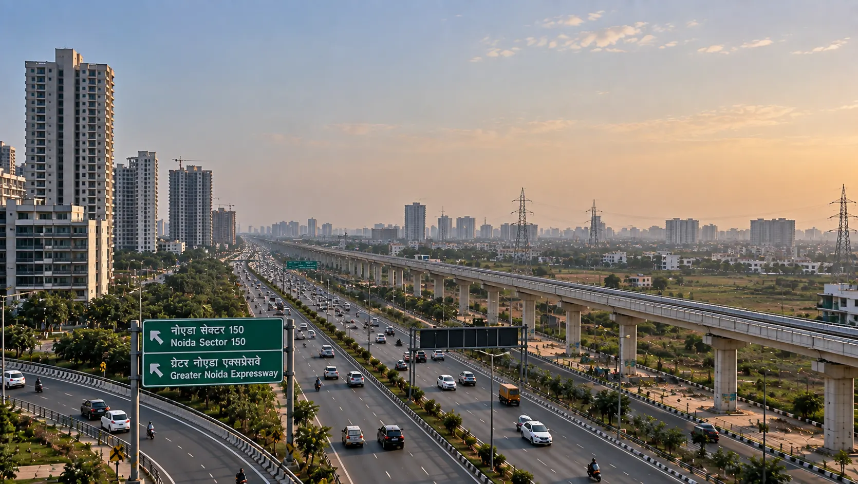 Sector 150 Noida near Noida Expressway: highway run beside new residential towers