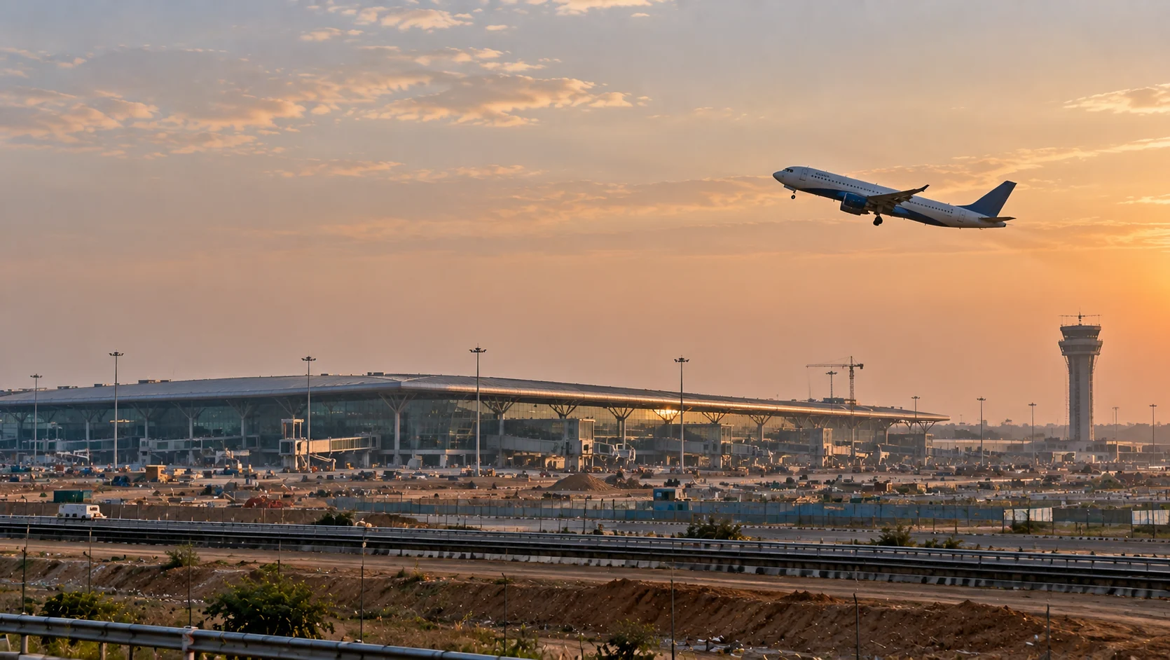 Sector 150 Noida near Jewar Airport: expressway, metro, and towers on the southern Noida belt