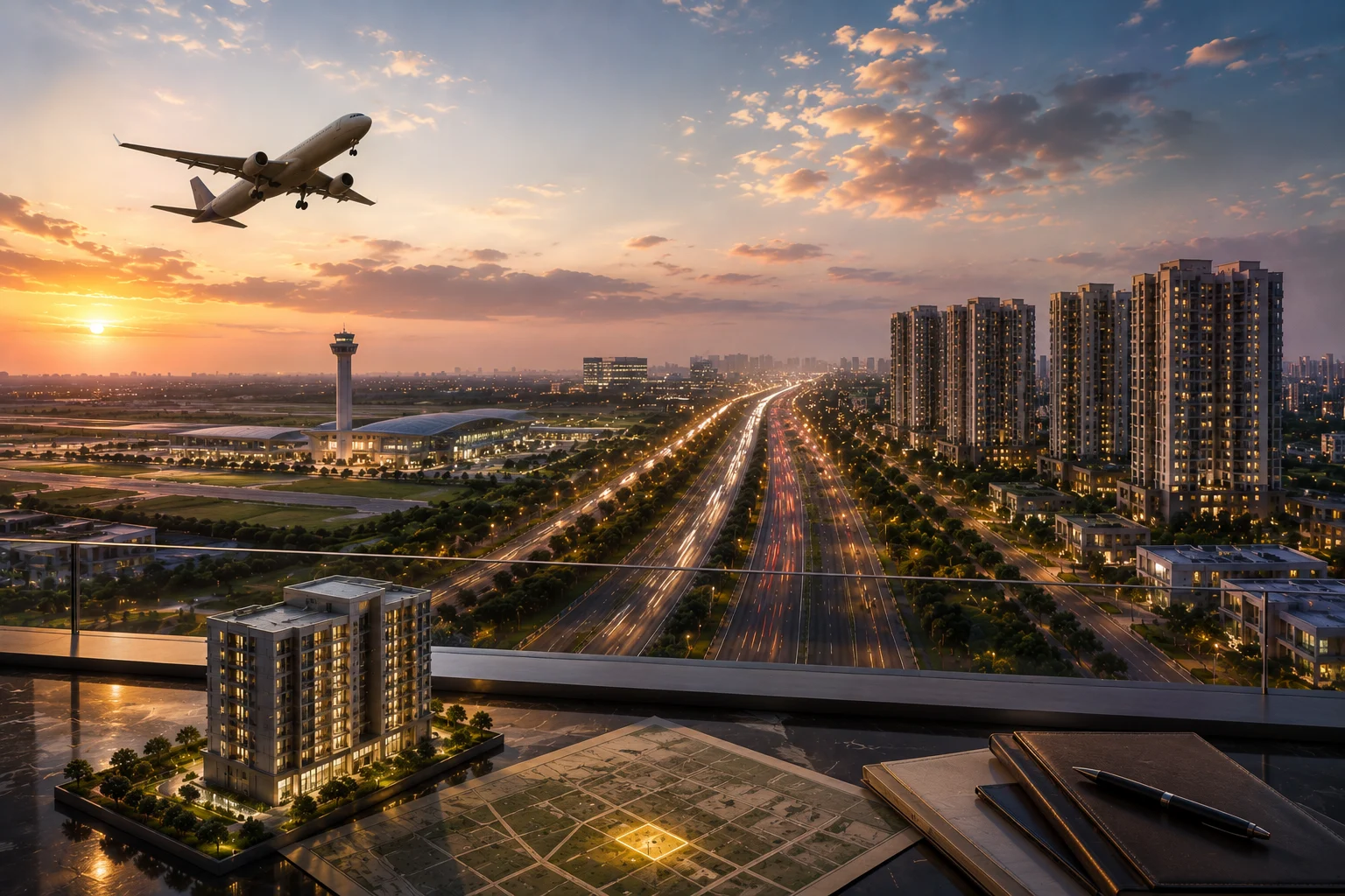 Luxury balcony view with site plan, architectural model, Yamuna Expressway, airport, and residential towers at sunset