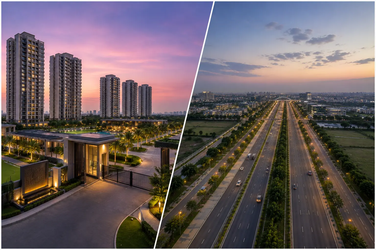 Luxury residential towers at sunset beside the multi-lane Yamuna Expressway corridor