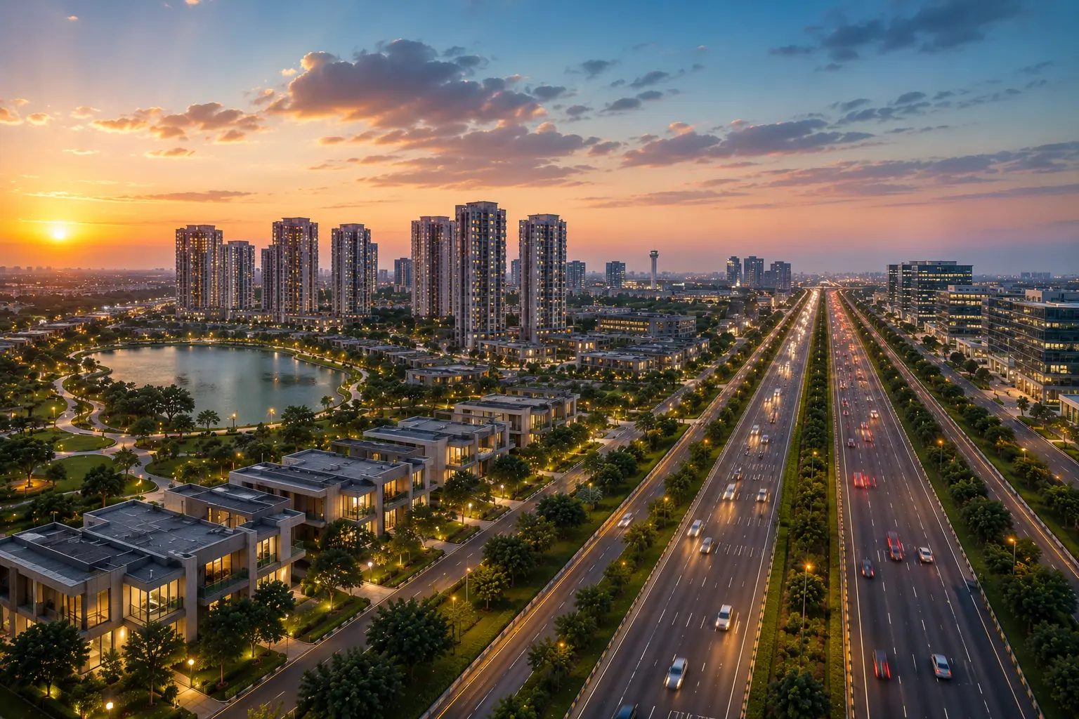 Yamuna Expressway at sunset: luxury villas, lake, residential towers, and expressway light trails toward Jewar