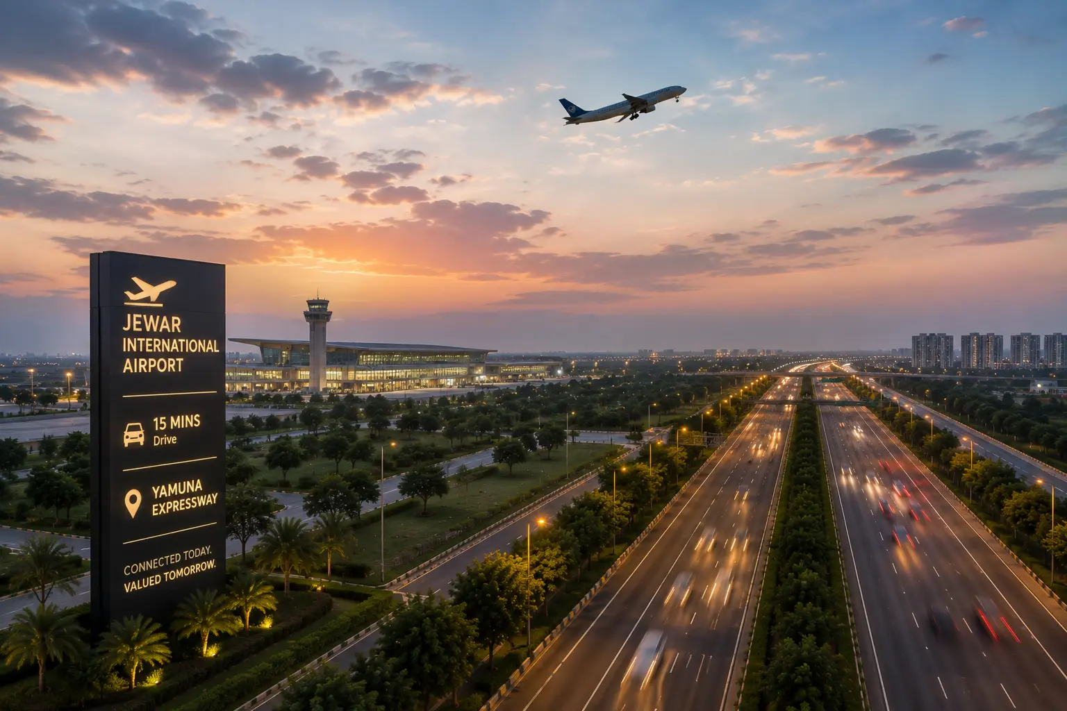 Jewar International Airport sign at sunset with Yamuna Expressway traffic and distant residential towers