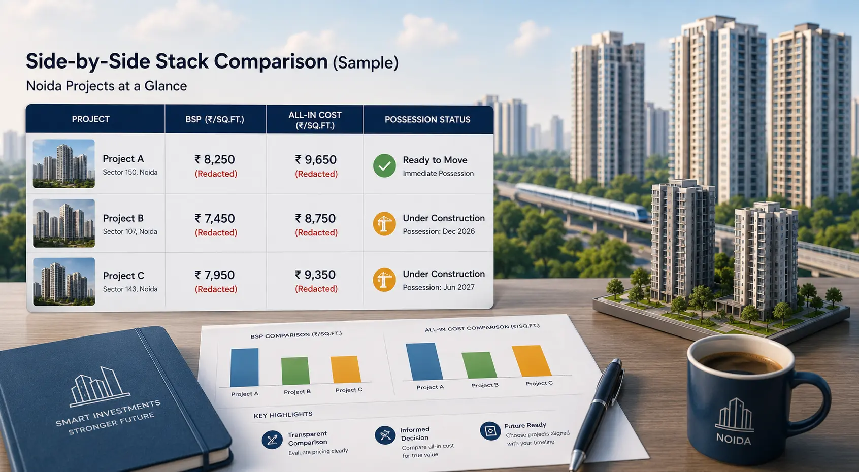 Side-by-side Noida project comparison: BSP, all-in cost, and possession status