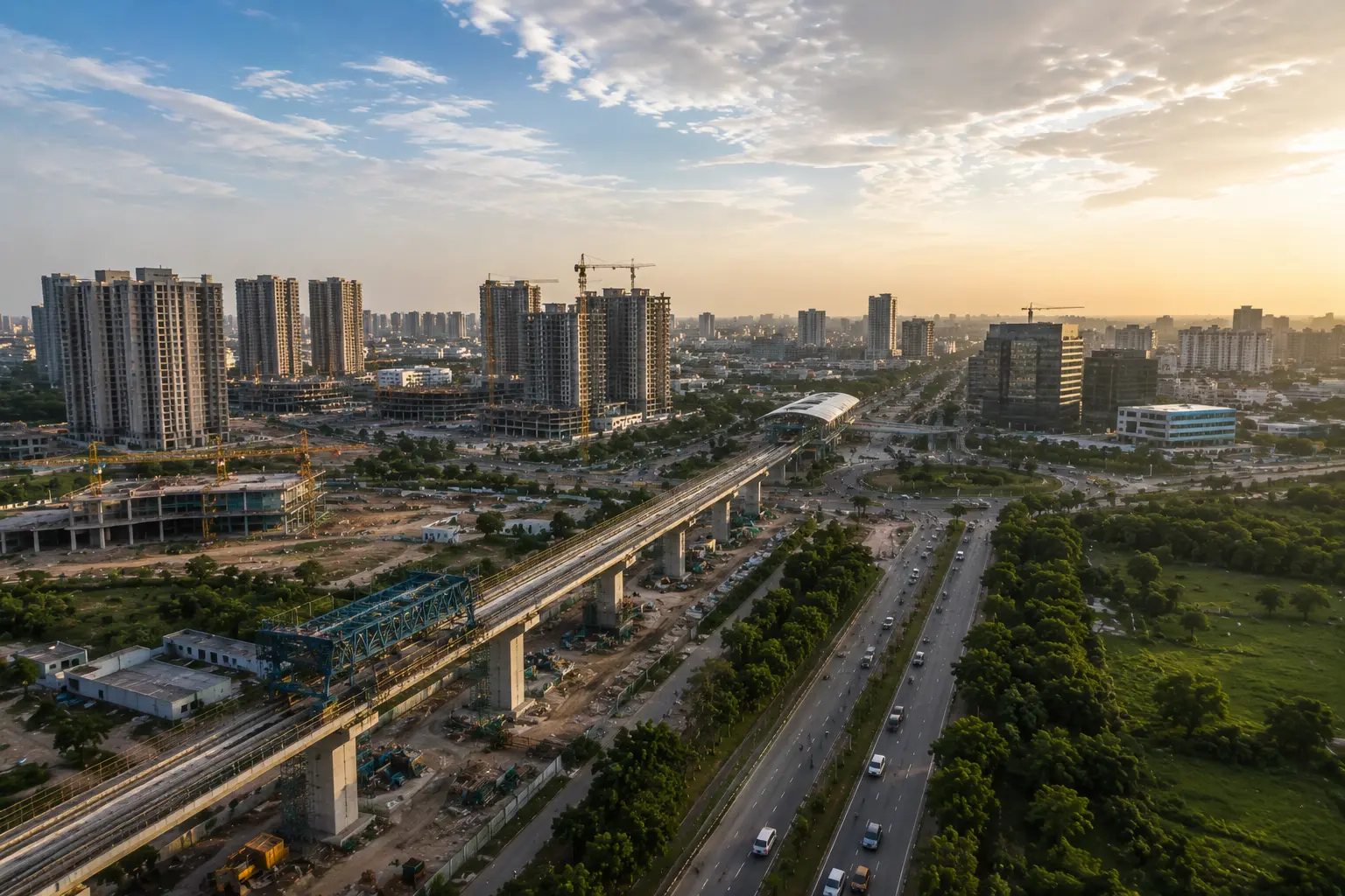Aerial view of Ghaziabad towers, highway, and metro corridor at golden hour in 2026