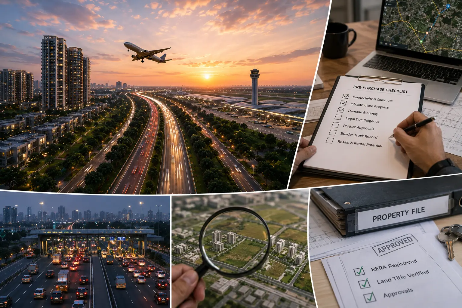 Noida Expressway and Jewar Airport collage with pre-purchase checklist, toll plaza, sector selection, and approved property file