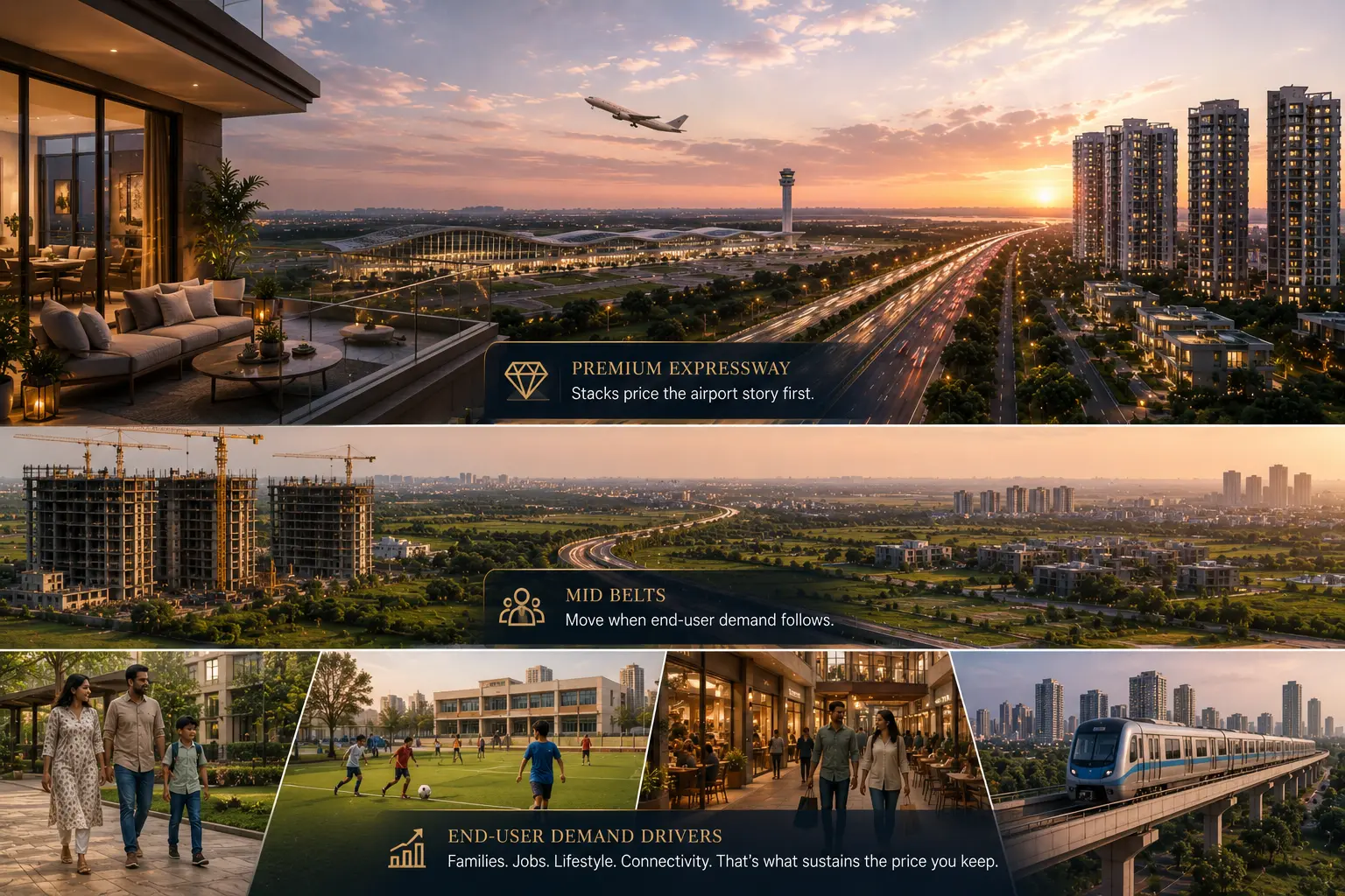 Premium Expressway, mid belts, and end-user demand drivers: how Noida International Airport shapes property prices
