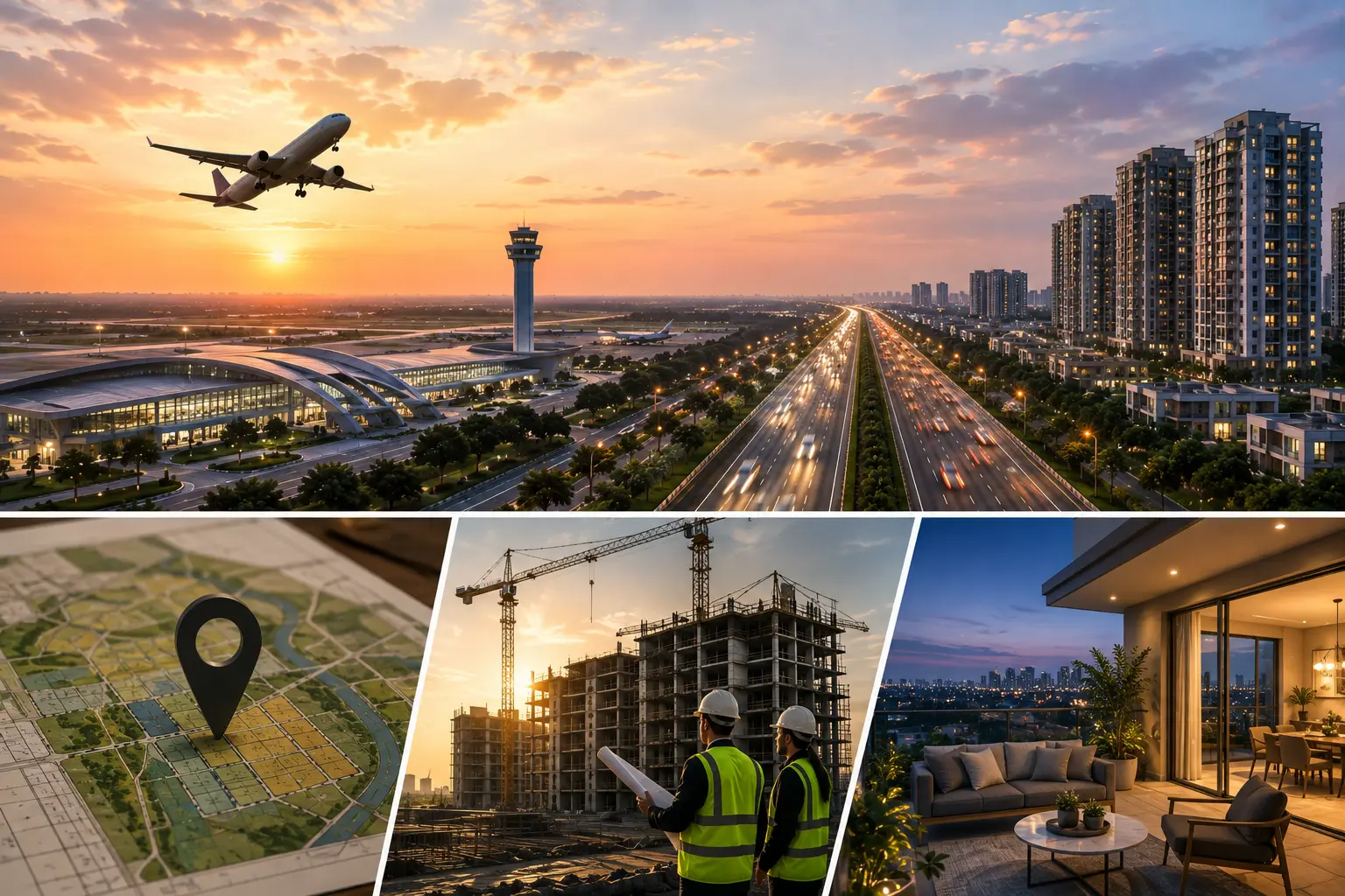 Jewar Airport and Noida Expressway collage with sector map pin, construction site visit, and luxury balcony living