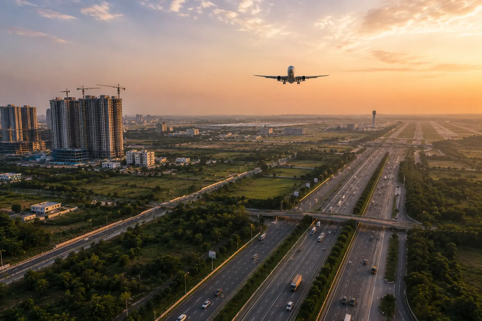 Aircraft over Yamuna Expressway with high-rises under construction near Noida International Airport