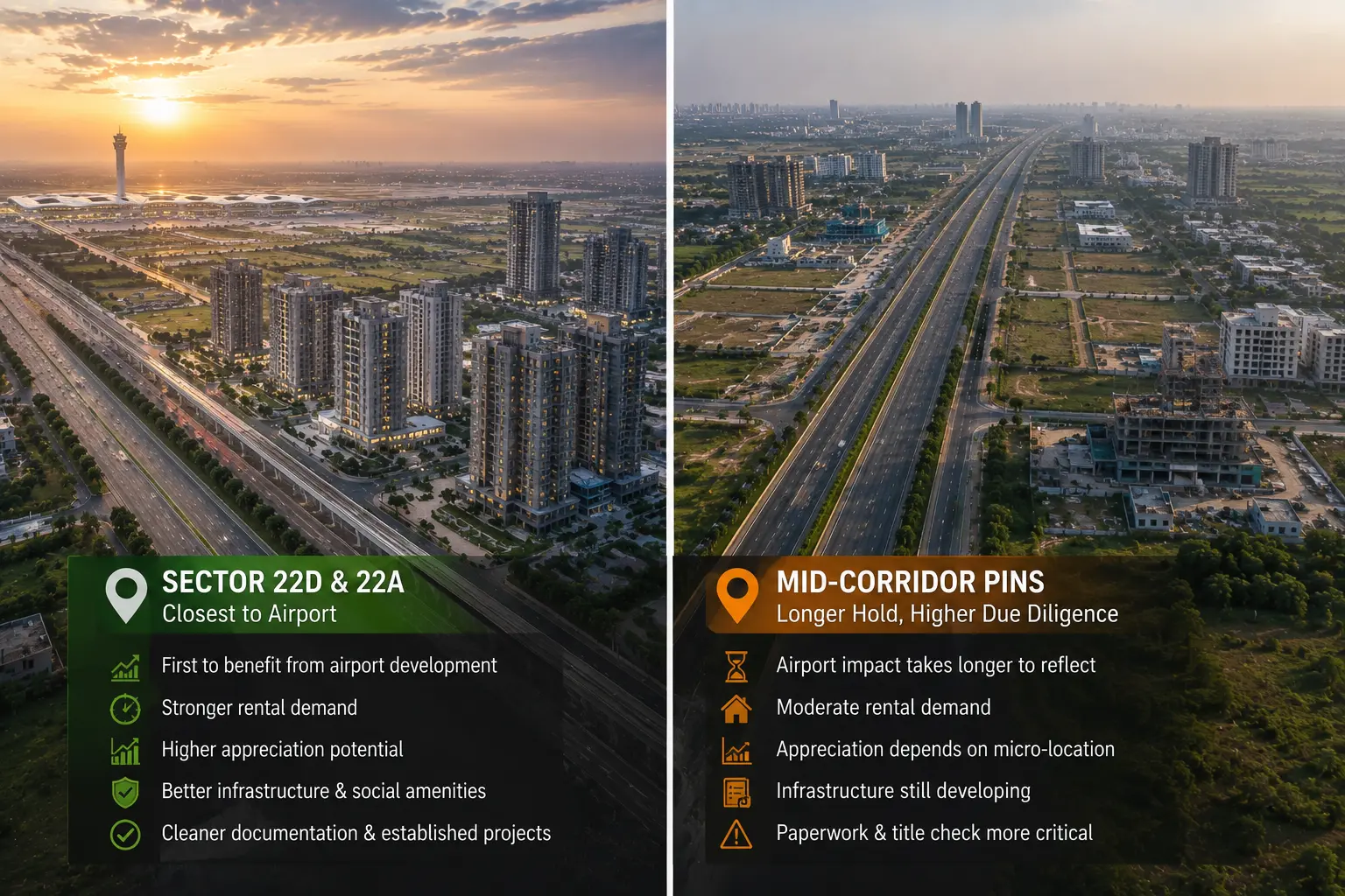 Comparison of Sector 22D and 22A near the airport versus mid-corridor Yamuna Expressway pins