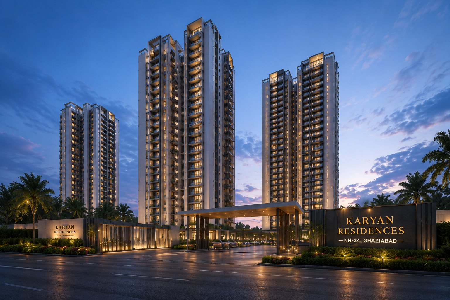 Karyan NH-24 Ghaziabad, residential towers and entrance on NH-24