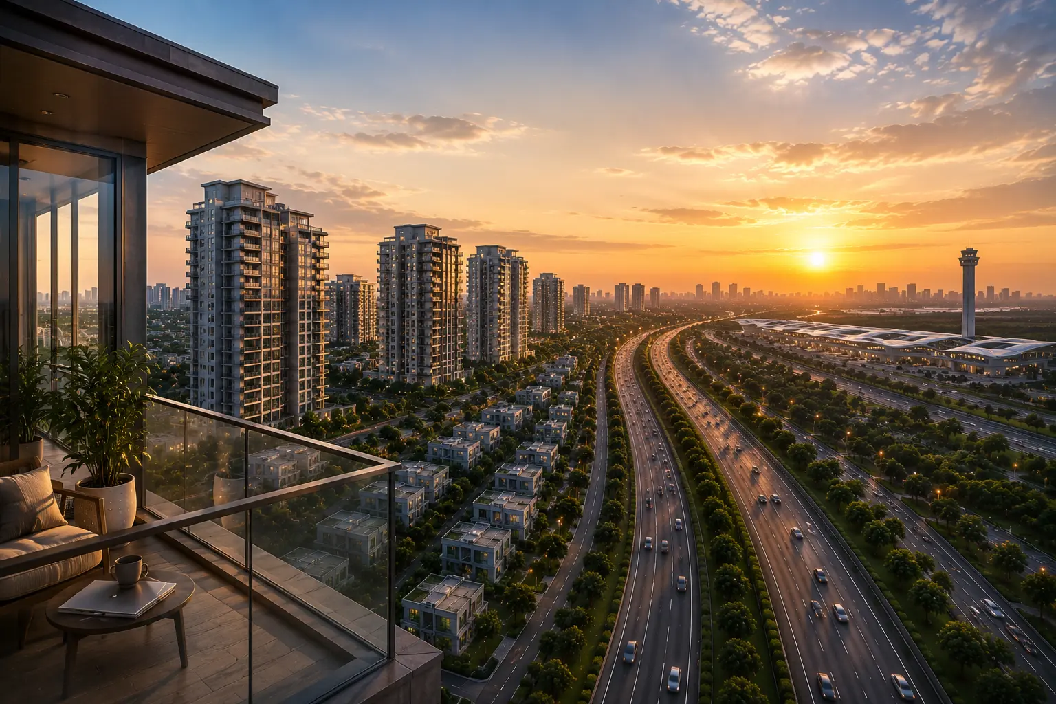 Noida Expressway at sunset from a luxury balcony: residential towers, expressway traffic, and airport terminal skyline