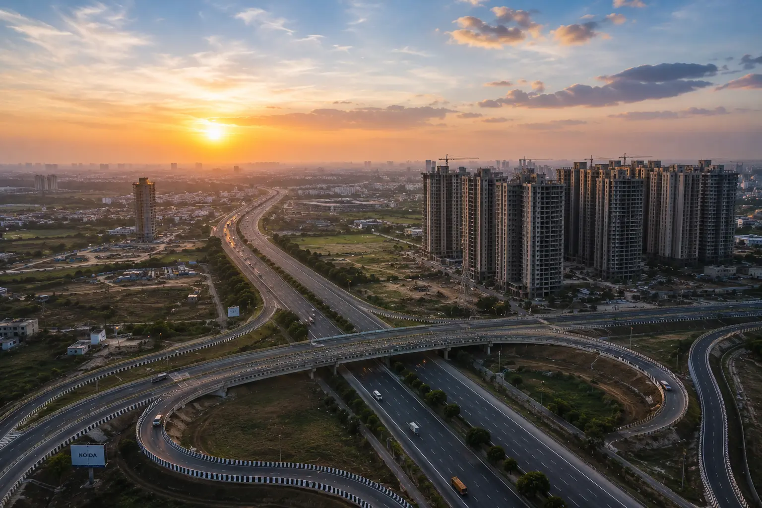 Noida Expressway interchange at sunset with residential towers under construction along the price corridor