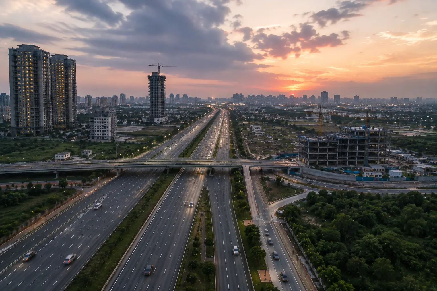 Noida Expressway at dusk with residential towers, construction crane, and overpass along the price corridor