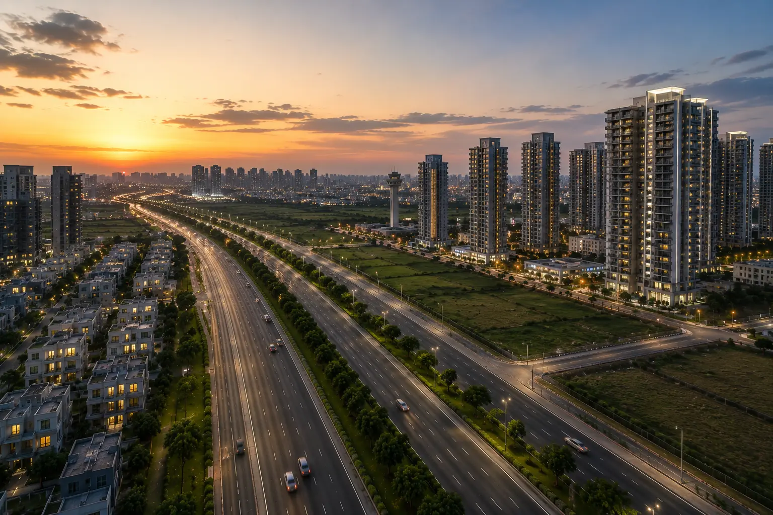 Noida Expressway at sunset with villas, high-rise towers, and lit highway along the property price corridor