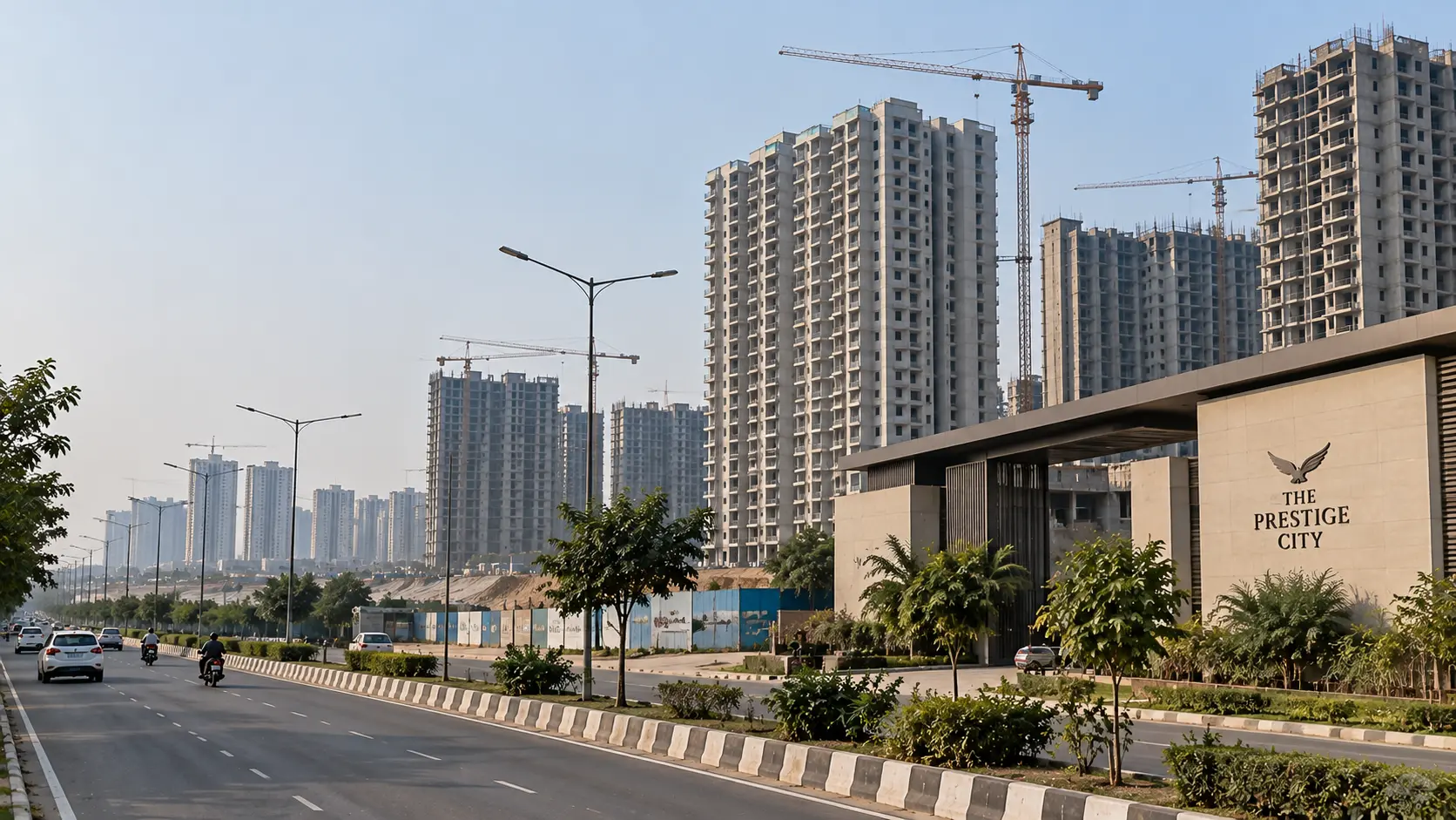 The Prestige City gate on NH-24 Ghaziabad, towers under construction along the Siddharth Vihar corridor