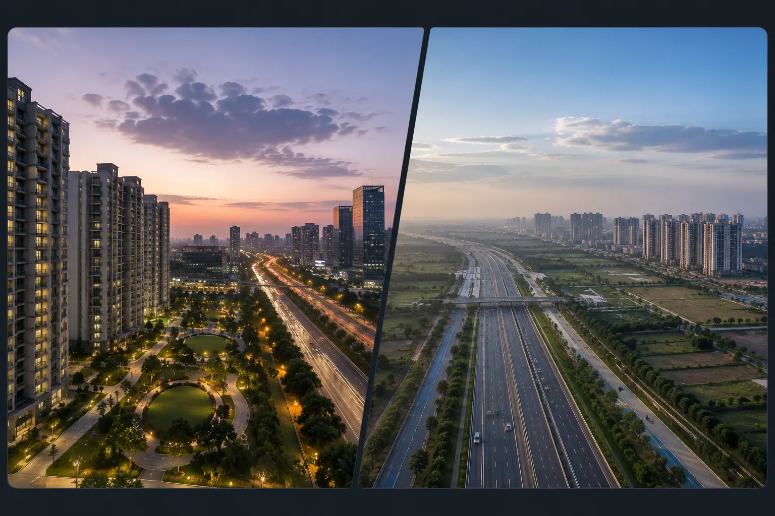 Noida Expressway split view: lit residential towers and park at dusk beside the daytime expressway corridor
