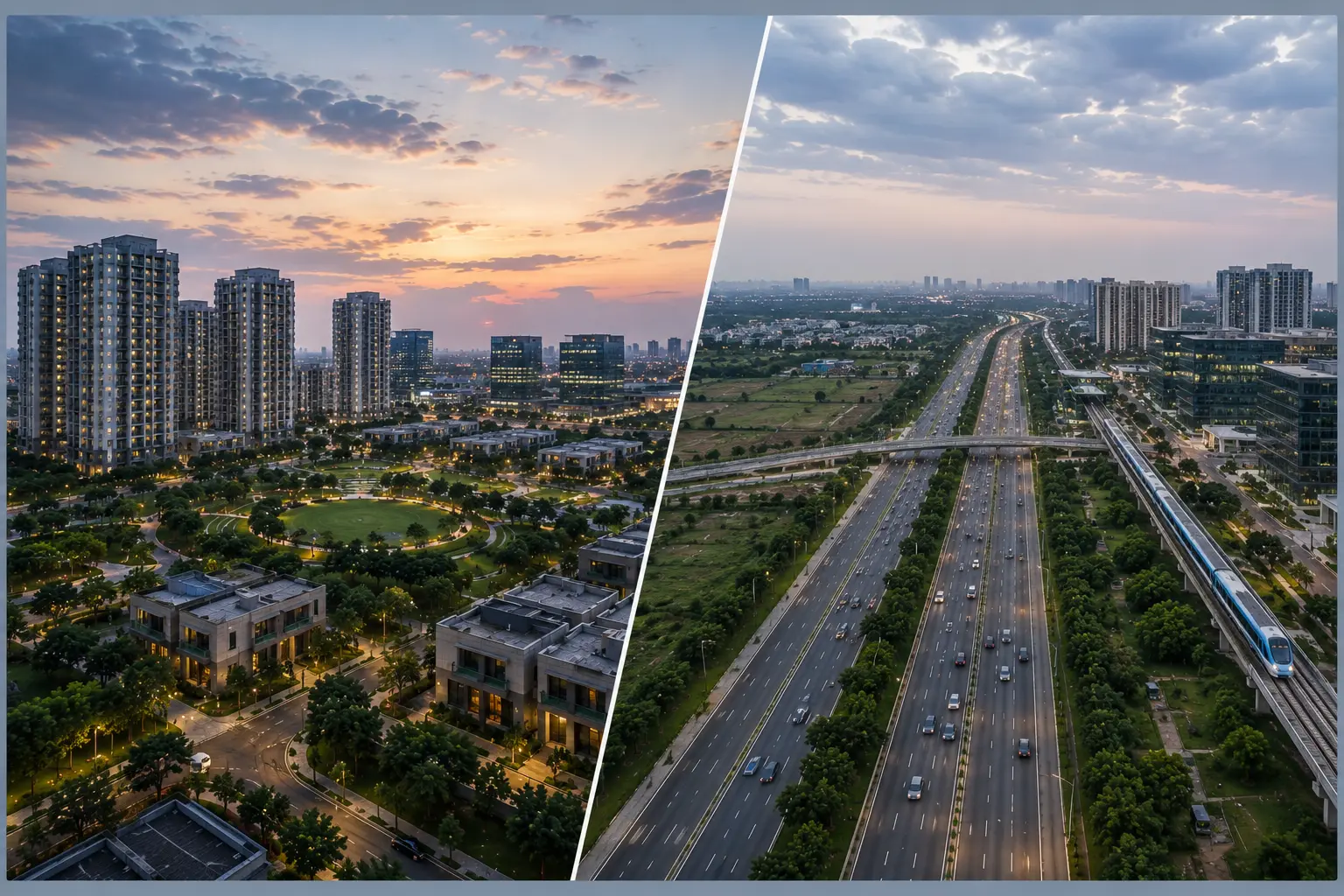 Noida Expressway lifestyle and connectivity: villas and lit park at sunset beside expressway, metro, and office towers by day
