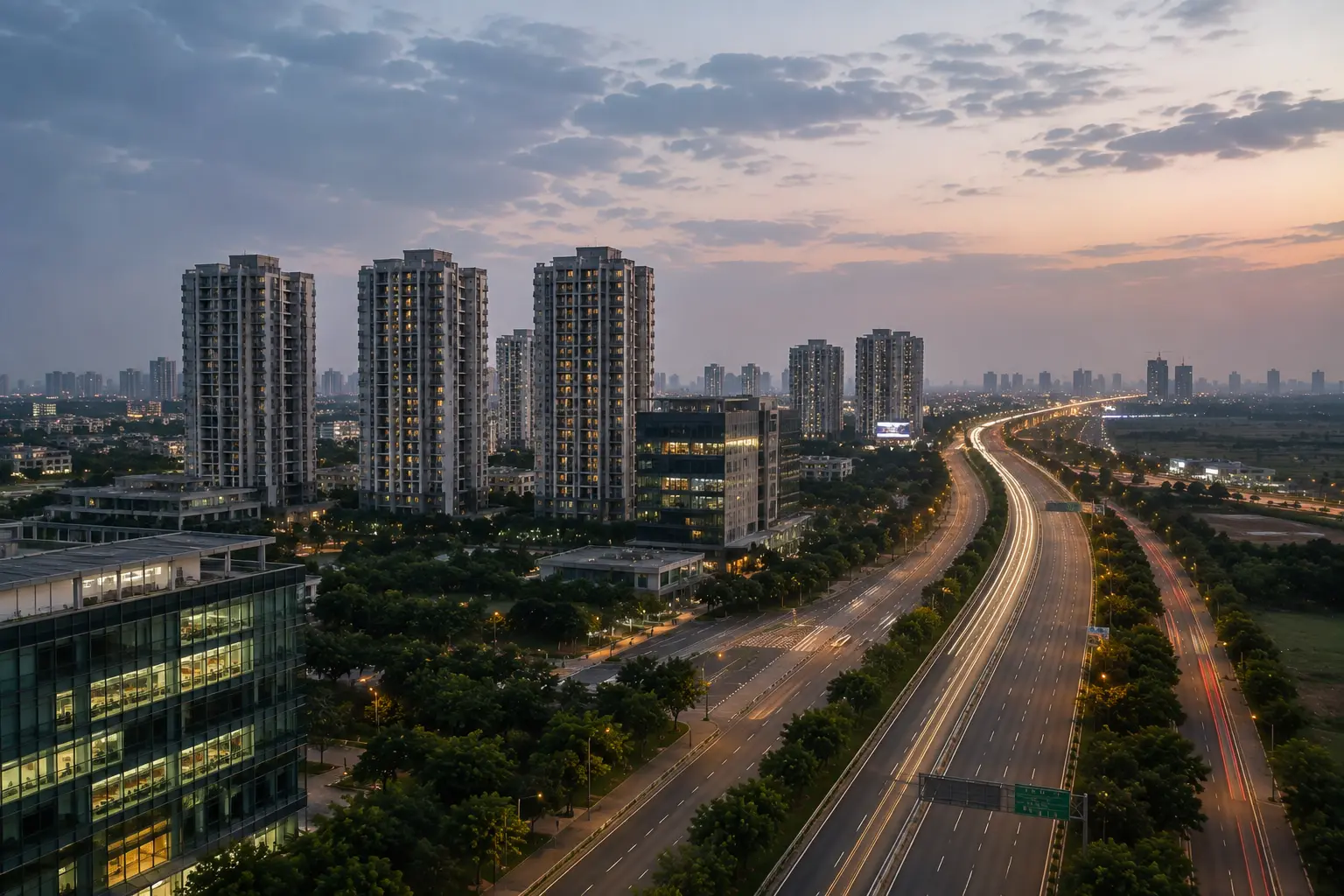 Noida Expressway at twilight: light trails on the highway beside residential towers and a glass office building
