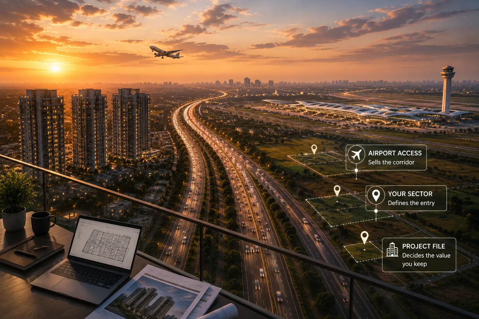 Yamuna Expressway investment view: balcony workspace, airport access, sector choice, and project file overlays at sunset