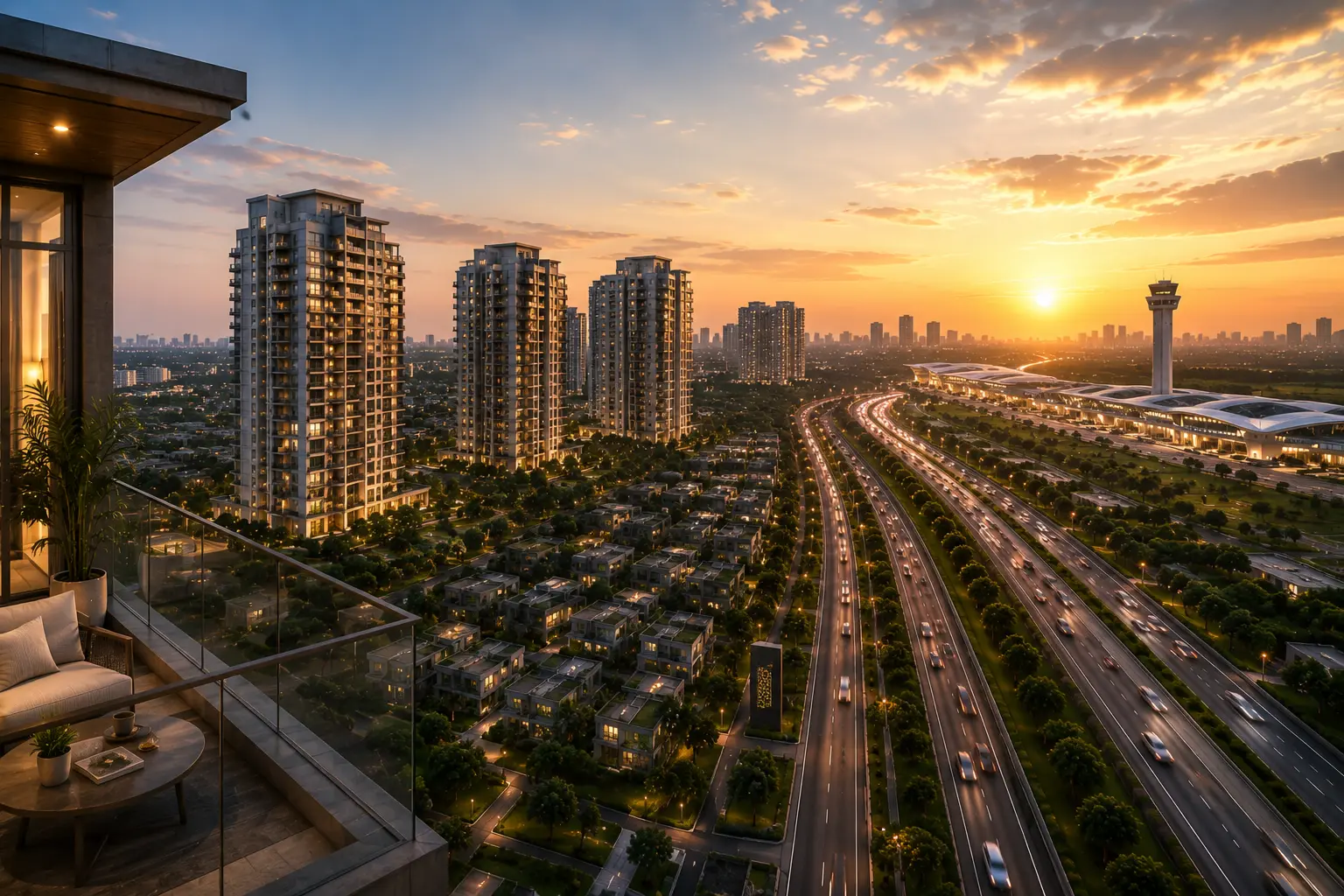 Luxury balcony view of Yamuna Expressway residential towers, expressway light trails, and Jewar Airport at sunset