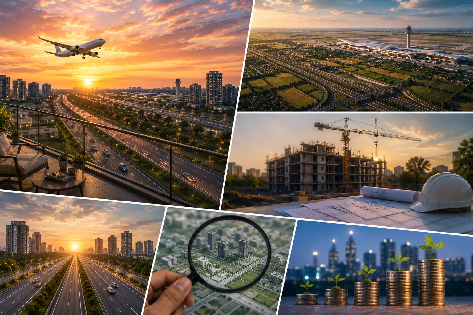 Yamuna Expressway investment collage: balcony view, airport, construction, sector plan, expressway towers, and rising returns