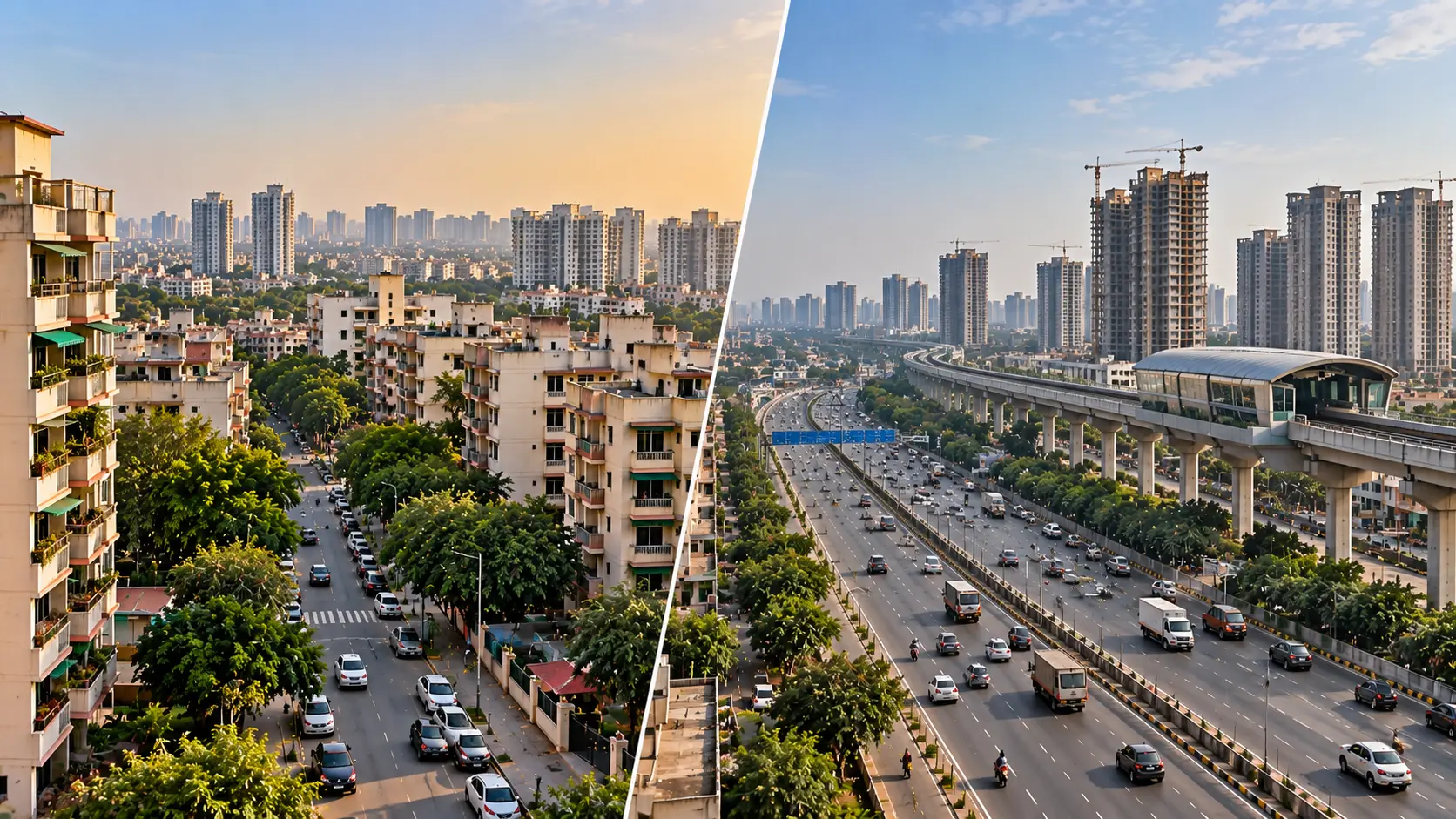 Siddharth Vihar vs Indirapuram: older mid-rise streets beside a highway, metro, and new towers
