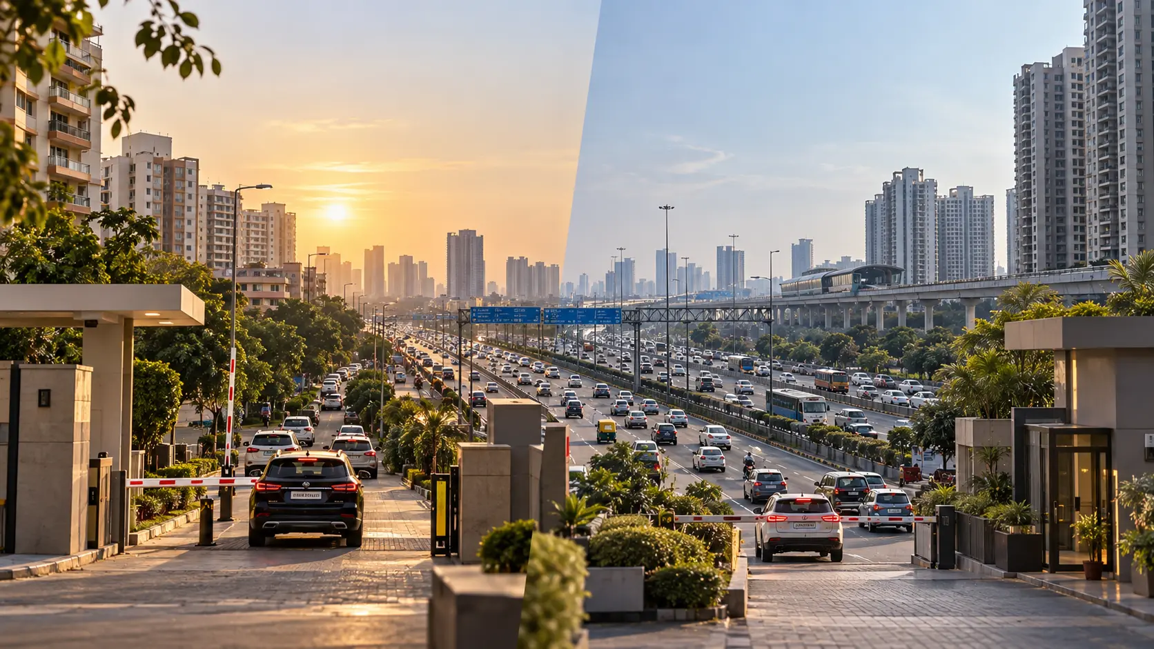 Siddharth Vihar vs Indirapuram split: tree-lined streets beside a metro and high-rise corridor