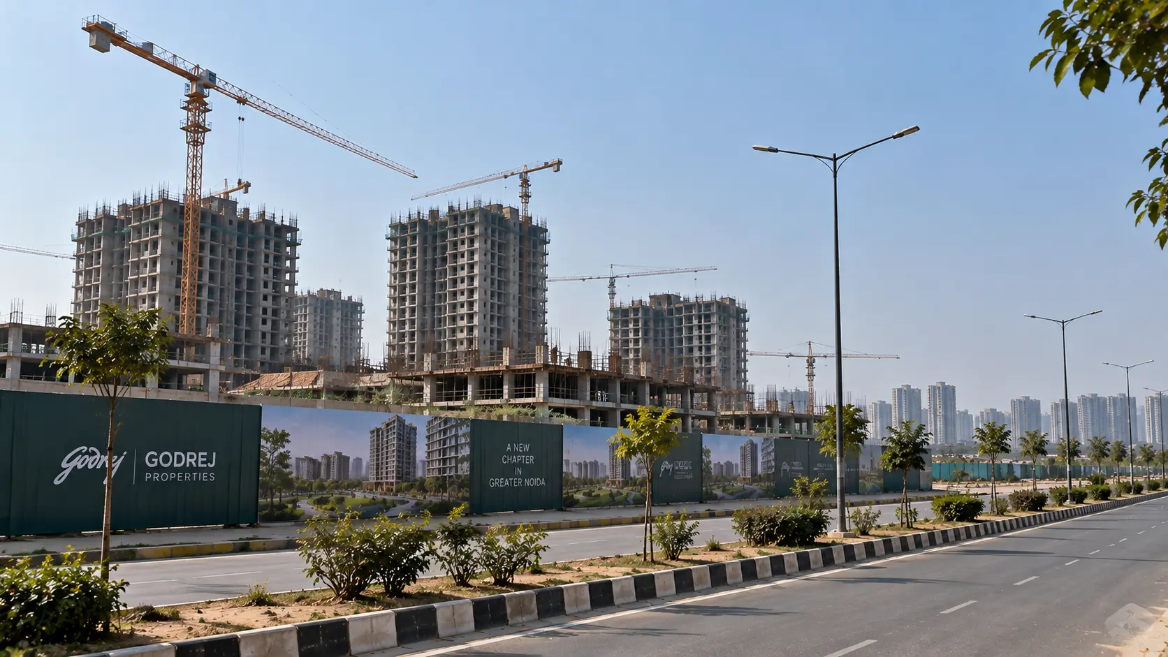 Godrej Global Business City under construction in Greater Noida, Godrej Properties site hoarding on the road