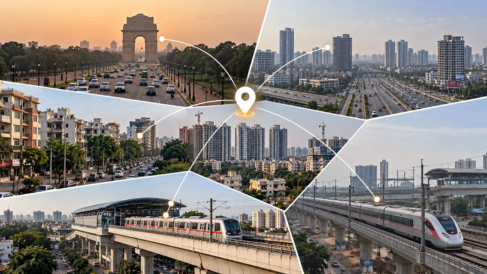 Siddharth Vihar to Delhi and Noida: older streets beside a highway, metro, and new towers