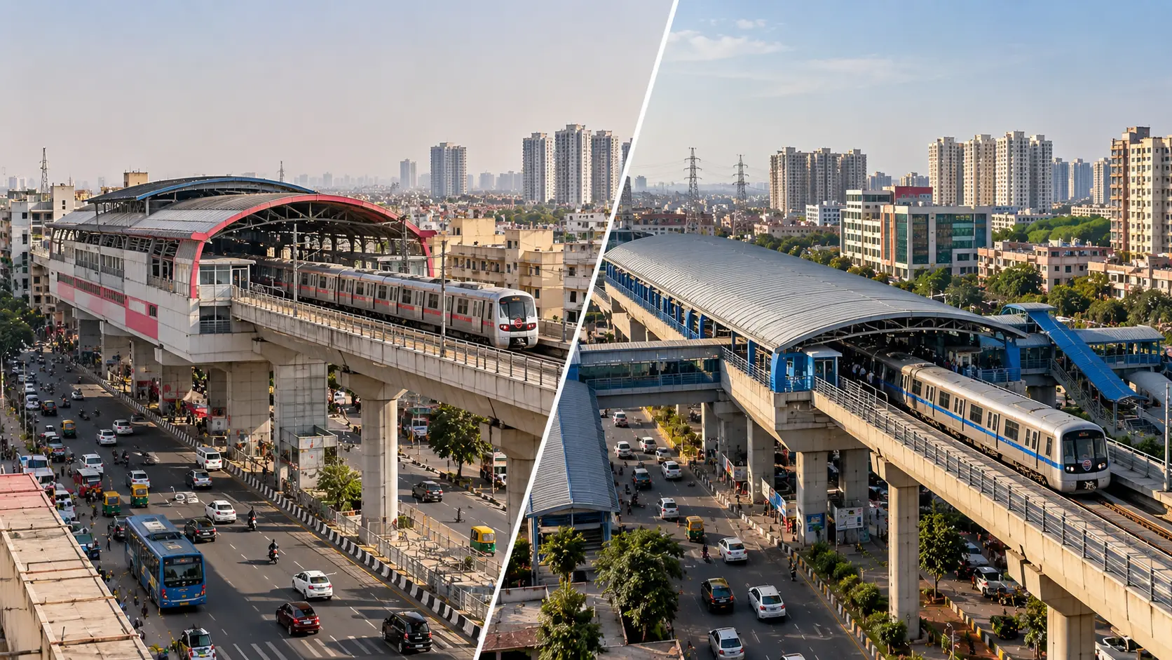 Siddharth Vihar metro connectivity: tree-lined streets beside a metro line and high-rise corridor