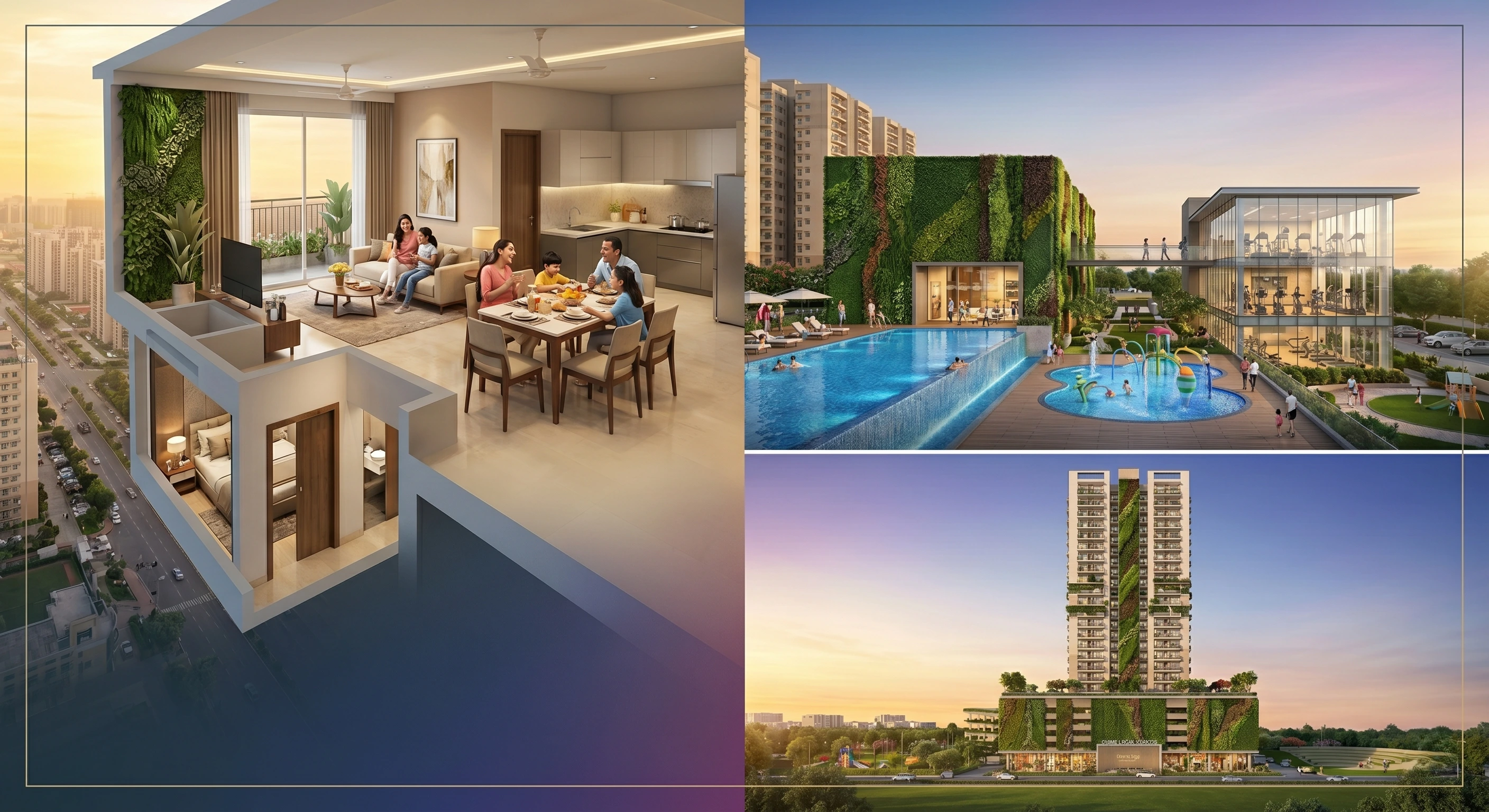 3 BHK home interior, clubhouse with pool, and high-rise tower with green podium