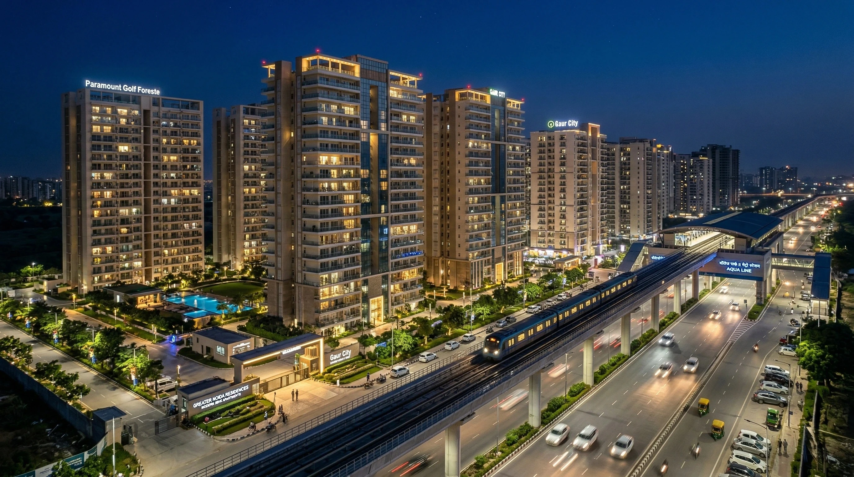 Metro and Greater Noida area at night—connectivity across the NCR belt