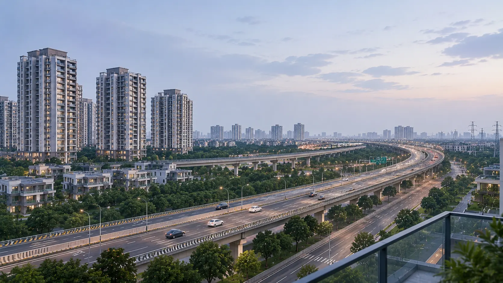 Sector 150 Noida: elevated expressway, residential towers, and green buffers at dusk