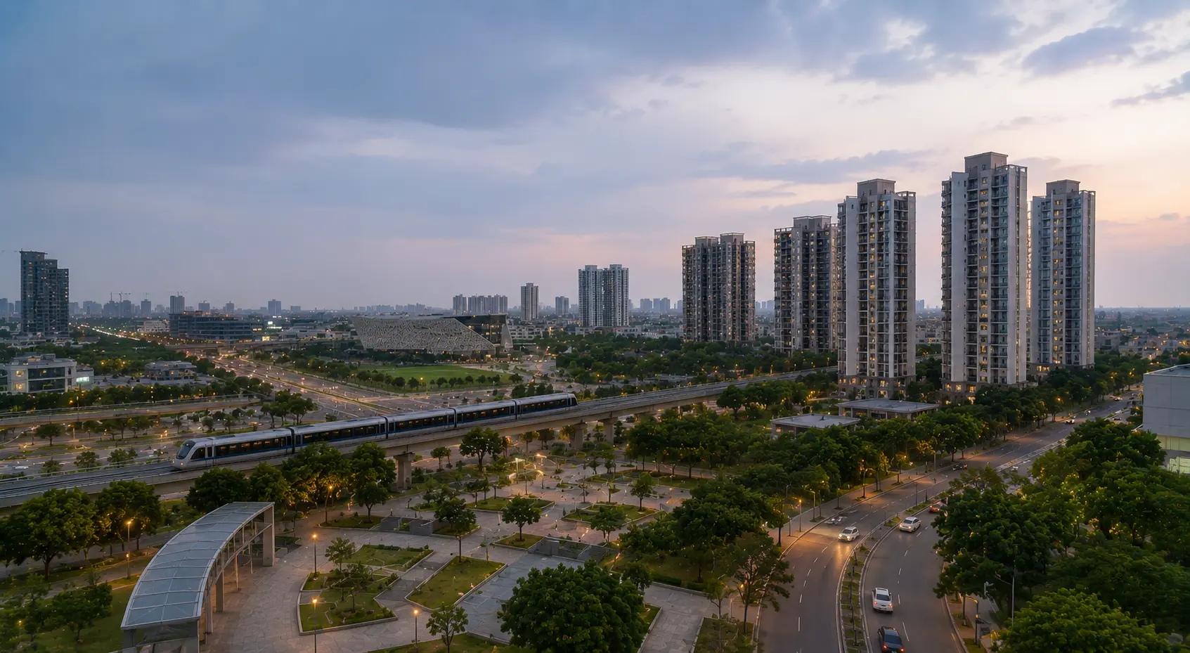 Sector 150 Noida aerial view: metro, expressway, and premium residential towers at dusk